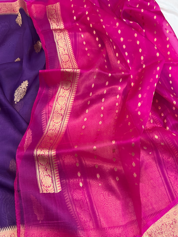 Purple Banarasi Handloom Kora Silk Saree