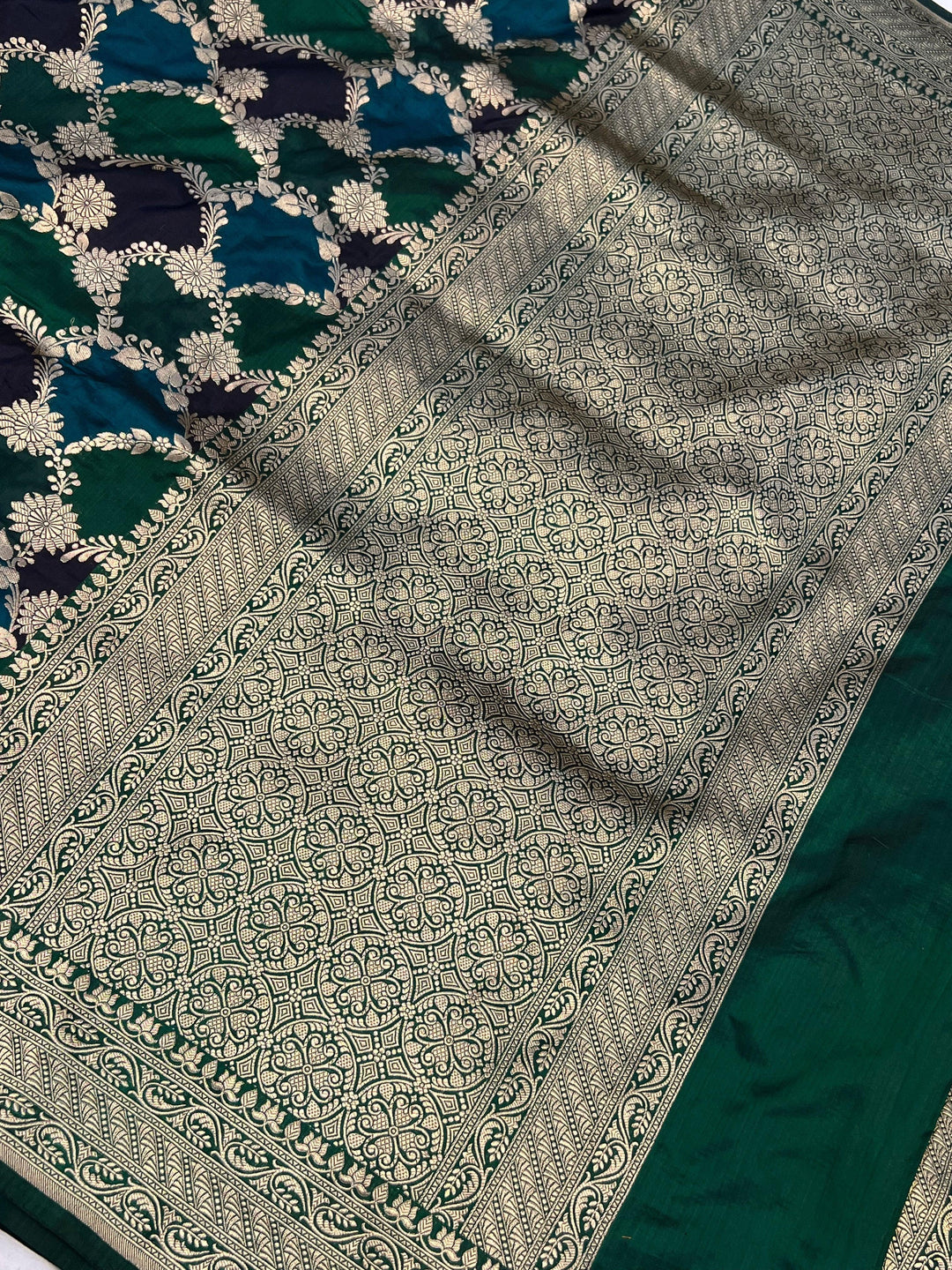 Bottle Green Rangkaat Banarasi Handloom Pure Katan Silk Saree - Aura Benaras
