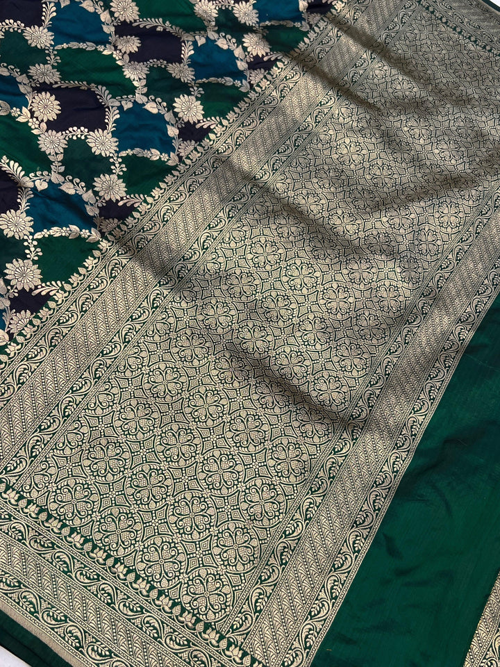 Bottle Green Rangkaat Banarasi Handloom Pure Katan Silk Saree - Aura Benaras