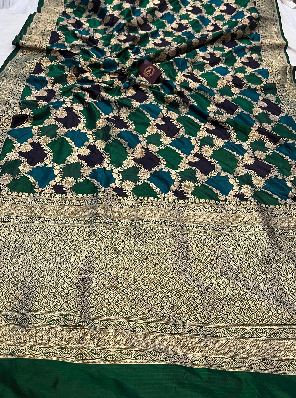 Bottle Green Rangkaat Banarasi Handloom Pure Katan Silk Saree - Aura Benaras