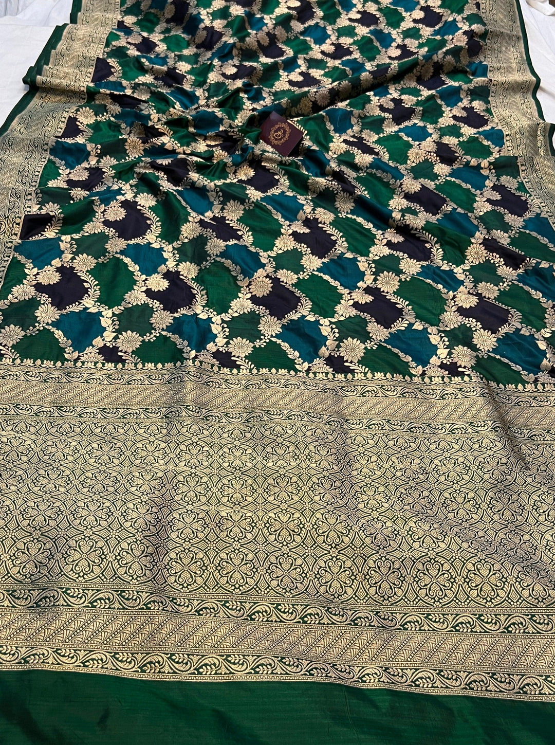 Bottle Green Rangkaat Banarasi Handloom Pure Katan Silk Saree - Aura Benaras