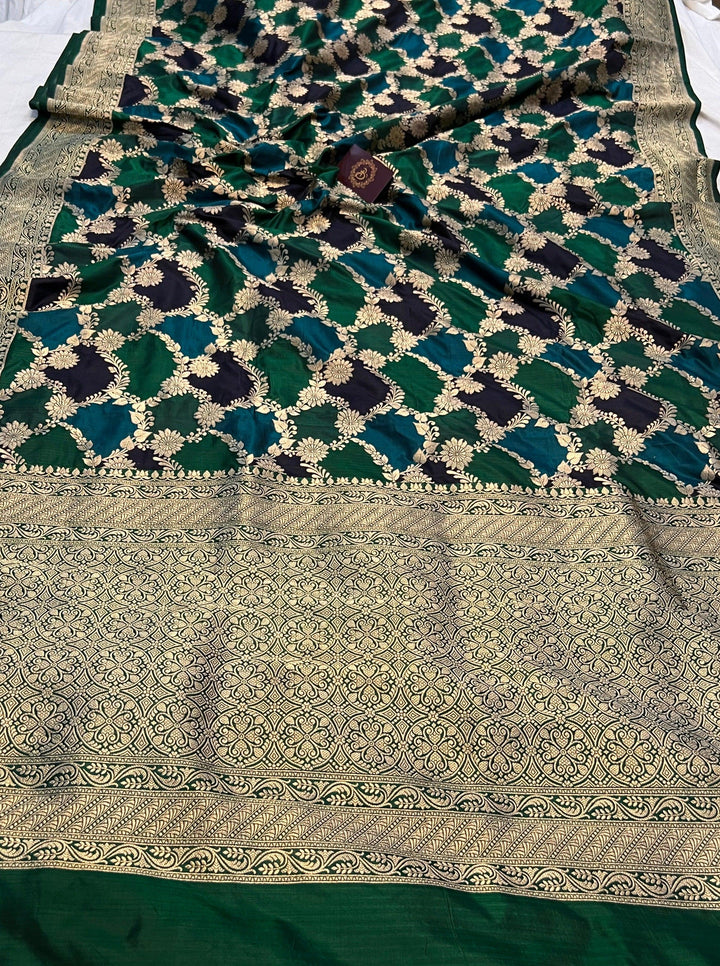 Bottle Green Rangkaat Banarasi Handloom Pure Katan Silk Saree - Aura Benaras