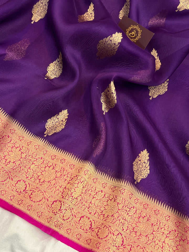 Purple Banarasi Handloom Kora Silk Saree