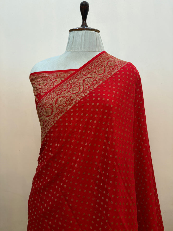 Red Pure Crepe Silk Handloom Banarasi Saree