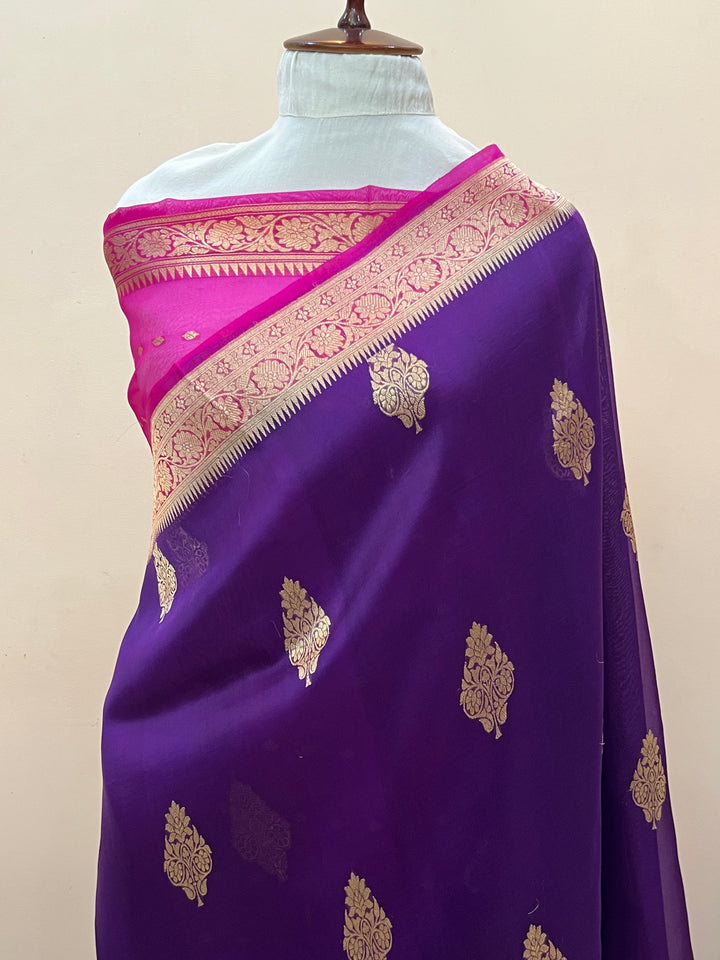 Purple Banarasi Handloom Kora Silk Saree