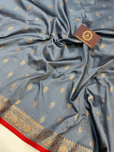 Grey Banarasi Handloom Soft Silk Saree