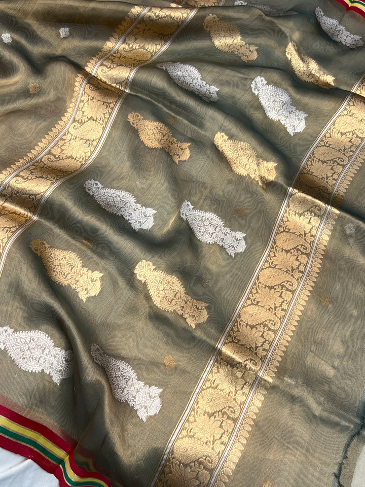 Bottle Green Pure Tissue Silk Handloom Banarasi Saree