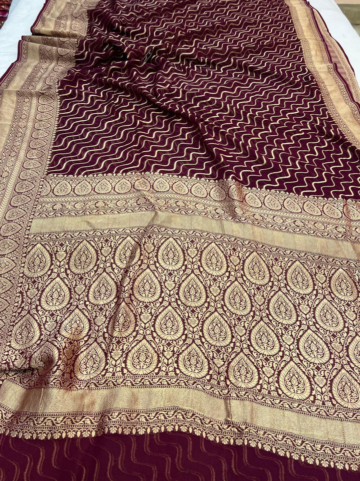 Wine Pure Khaddi Georgette Banarasi Saree with Leheriya Aada Design