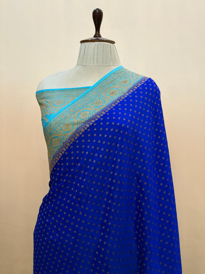 Royal Blue Pure Crepe Silk Handloom Banarasi Saree