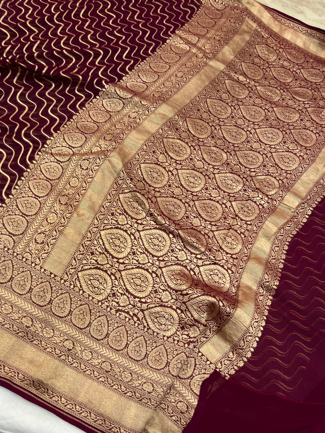 Wine Pure Khaddi Georgette Banarasi Saree with Leheriya Aada Design