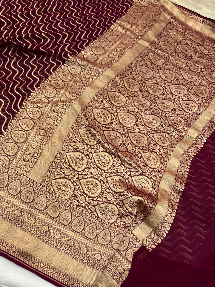 Wine Pure Khaddi Georgette Banarasi Saree with Leheriya Aada Design