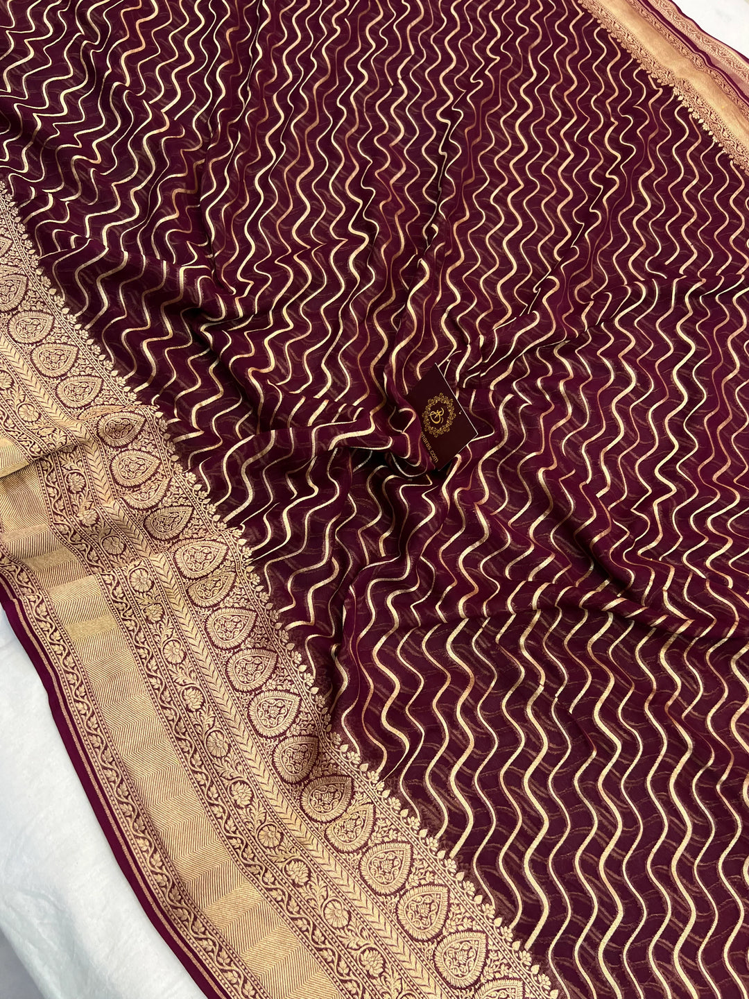 Wine Pure Khaddi Georgette Banarasi Saree with Leheriya Aada Design