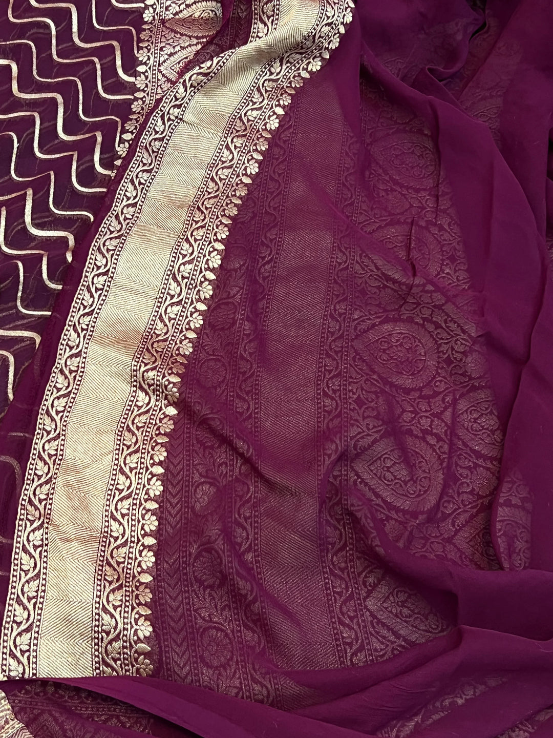 Wine Pure Khaddi Georgette Banarasi Saree with Leheriya Aada Design