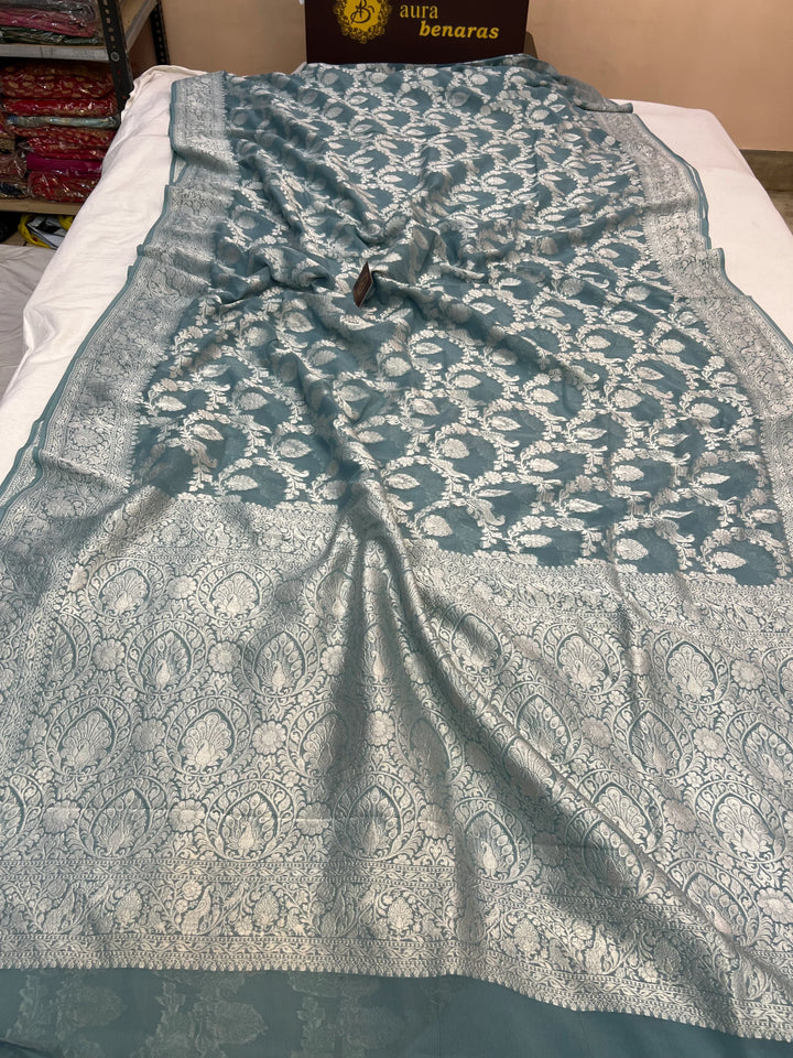 Grey Blue Pure Khaddi Georgette Handloom Banarasi Saree