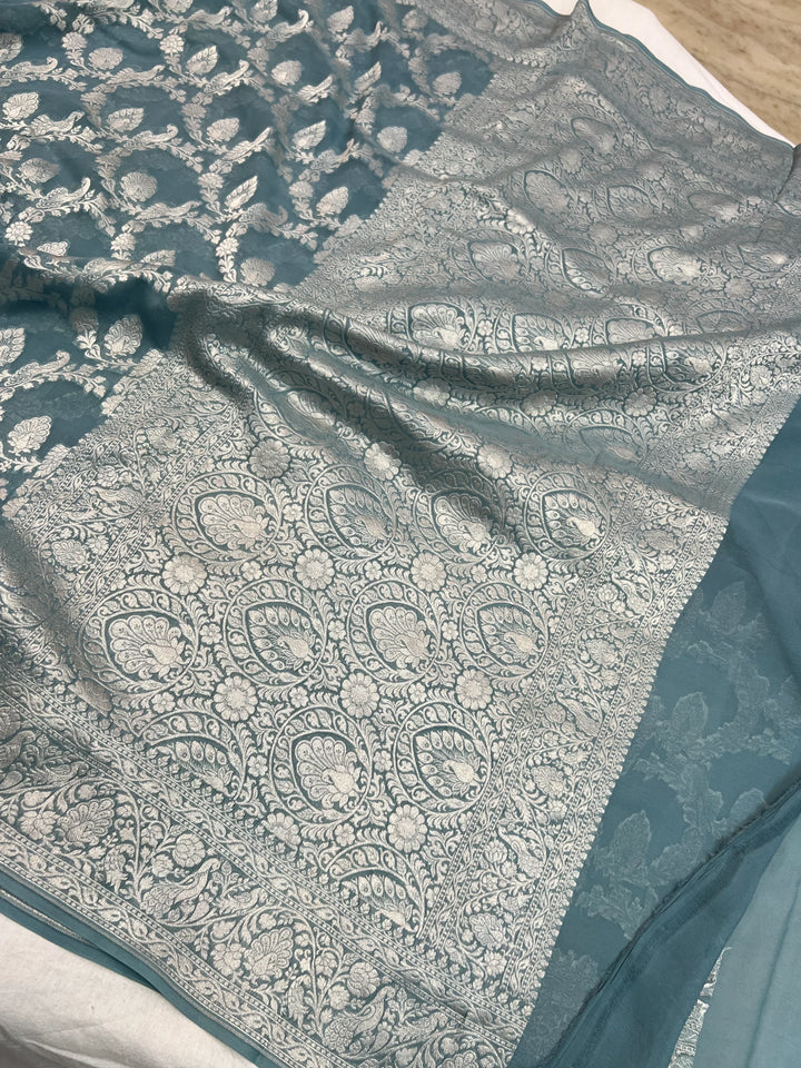 Grey Blue Pure Khaddi Georgette Handloom Banarasi Saree