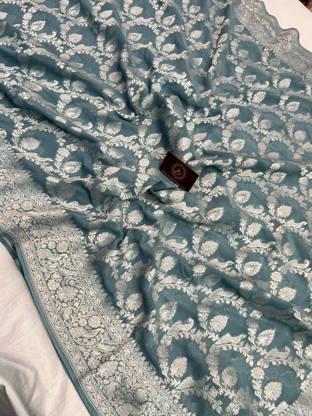 Grey Blue Pure Khaddi Georgette Handloom Banarasi Saree