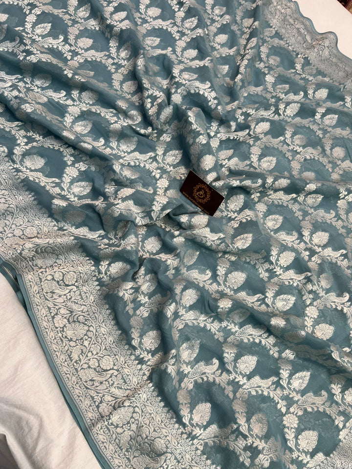 Grey Blue Pure Khaddi Georgette Handloom Banarasi Saree