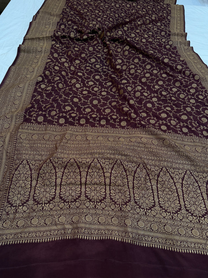 Brown Pure Crepe Silk Handloom Banarasi Saree