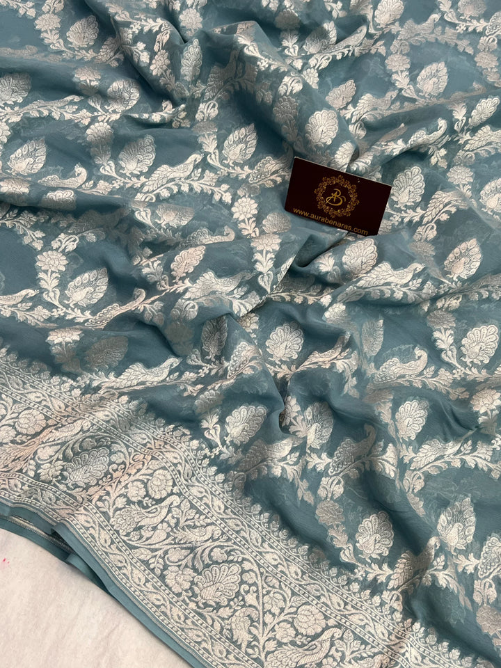 Grey Blue Pure Khaddi Georgette Handloom Banarasi Saree
