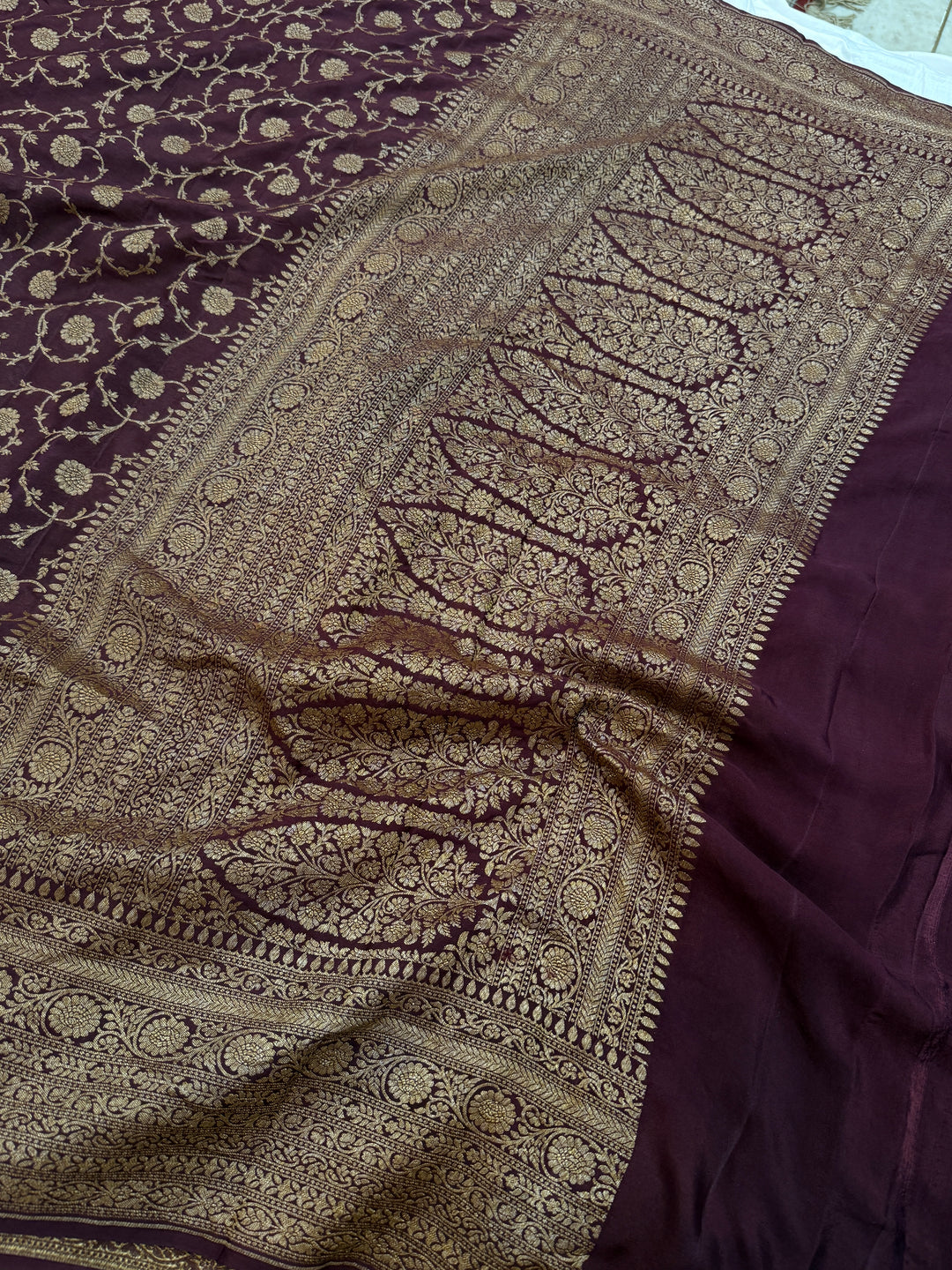 Brown Pure Crepe Silk Handloom Banarasi Saree