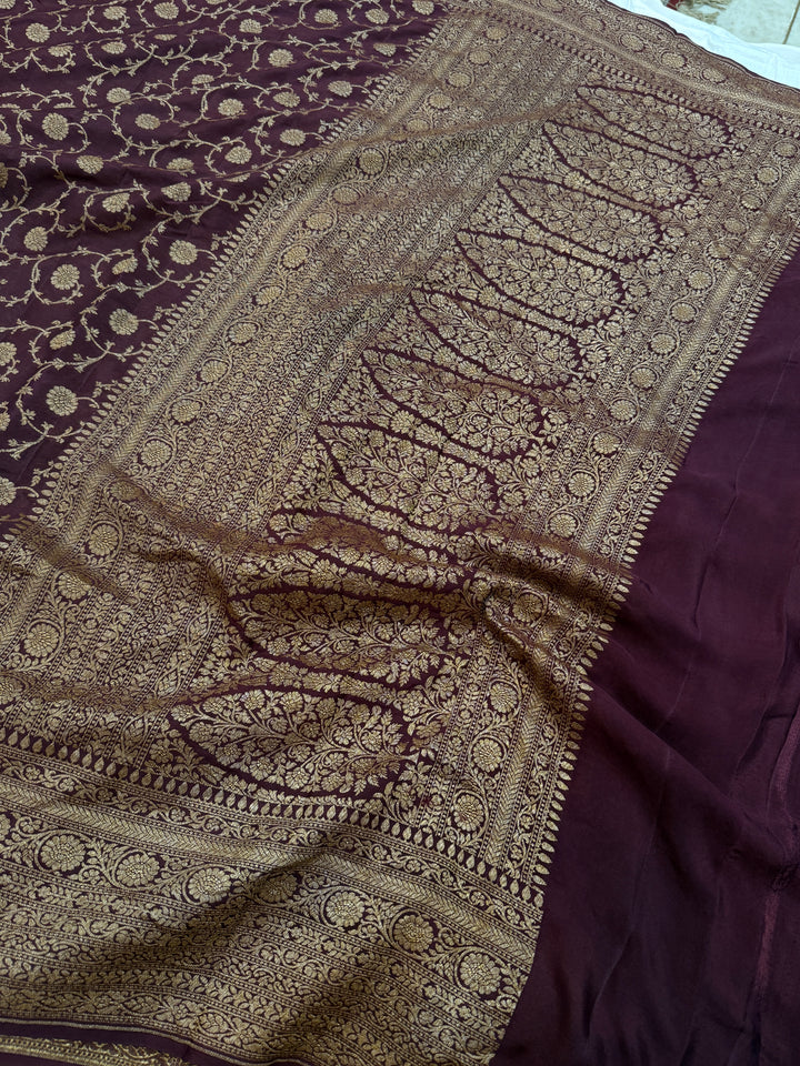 Brown Pure Crepe Silk Handloom Banarasi Saree