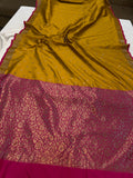 Musted Yellow Banarasi Handloom Soft Silk Saree - Aura Benaras