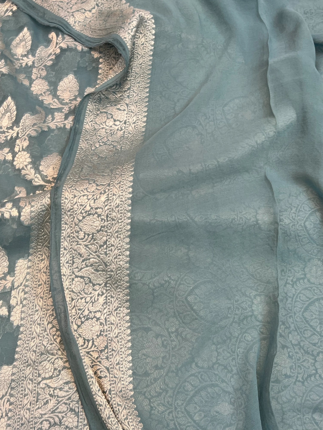 Grey Blue Pure Khaddi Georgette Handloom Banarasi Saree