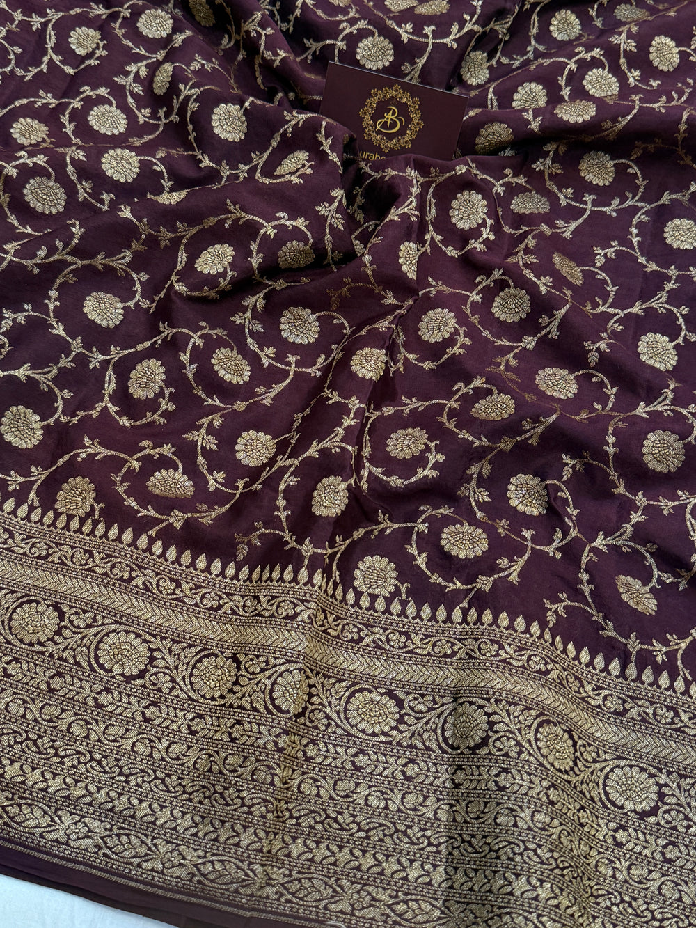 Brown Pure Crepe Silk Handloom Banarasi Saree