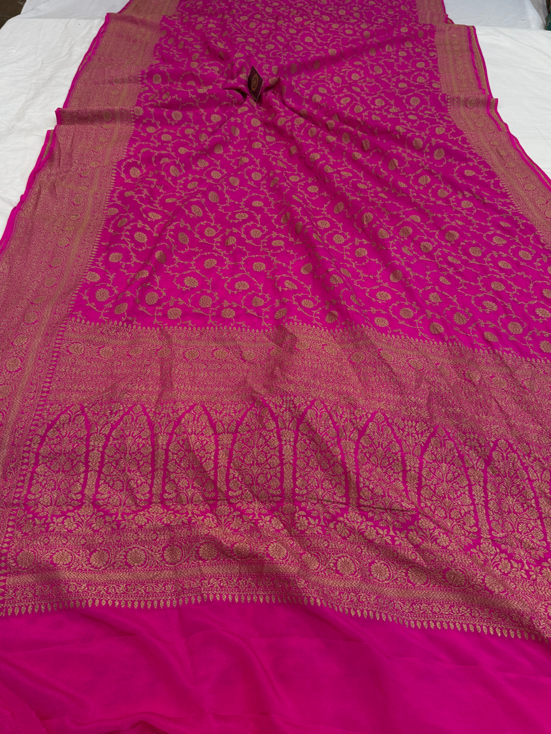 Rani Pink Pure Crepe Silk Handloom Banarasi Saree