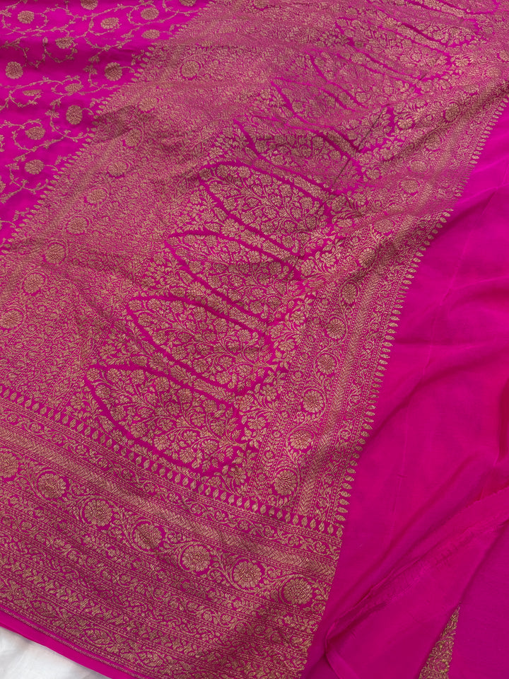 Rani Pink Pure Crepe Silk Handloom Banarasi Saree