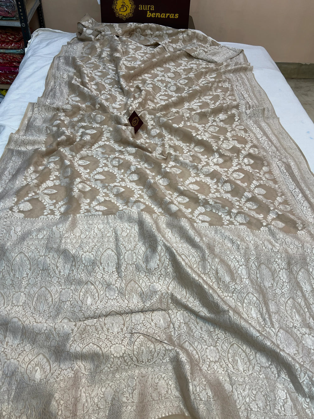 Beige Pure Khaddi Georgette Banarasi Saree with Shikargah Jaal