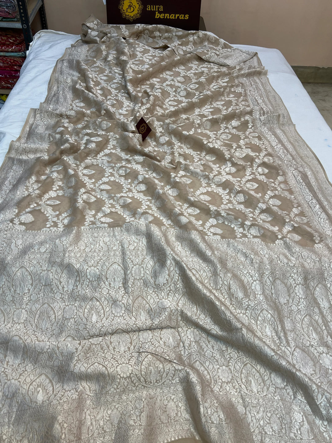 Beige Pure Khaddi Georgette Banarasi Saree with Shikargah Jaal
