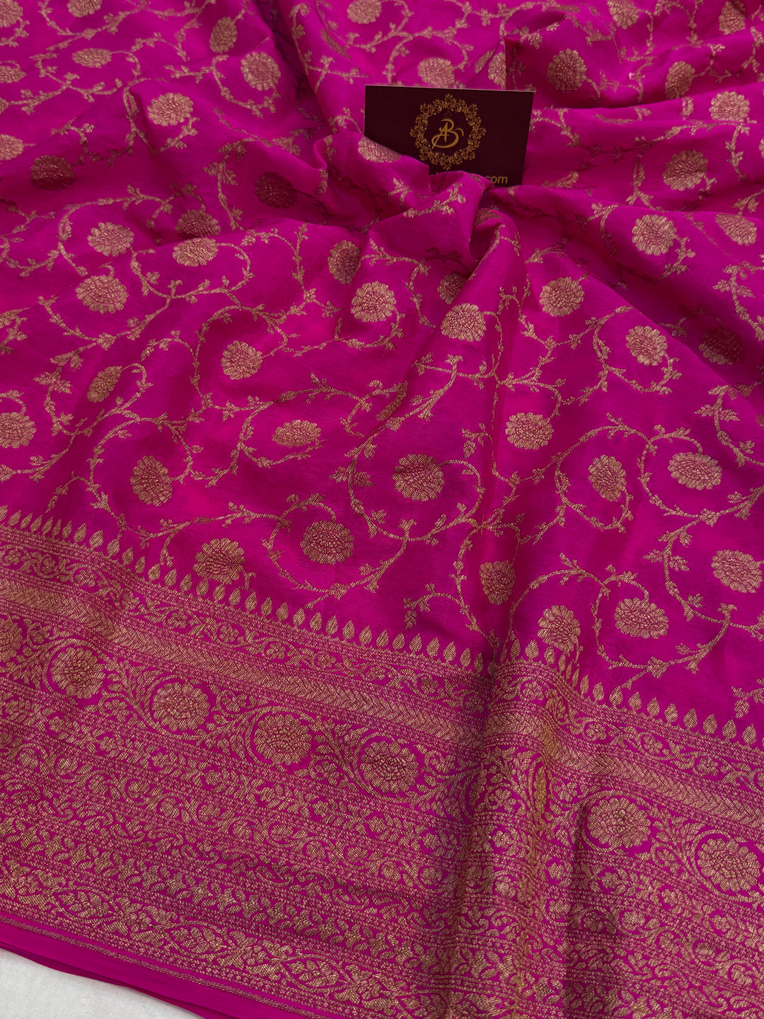 Rani Pink Pure Crepe Silk Handloom Banarasi Saree