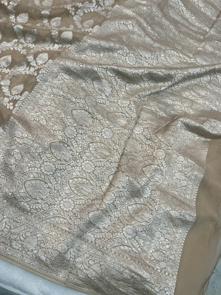 Beige Pure Khaddi Georgette Banarasi Saree with Shikargah Jaal