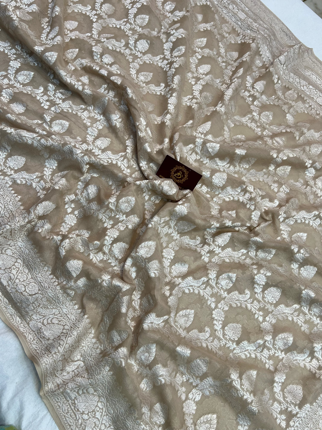 Beige Pure Khaddi Georgette Banarasi Saree with Shikargah Jaal