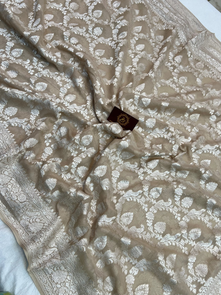 Beige Pure Khaddi Georgette Banarasi Saree with Shikargah Jaal