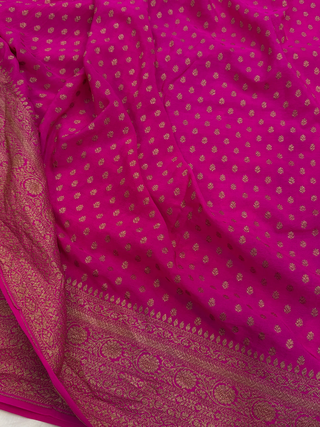 Rani Pink Pure Crepe Silk Handloom Banarasi Saree