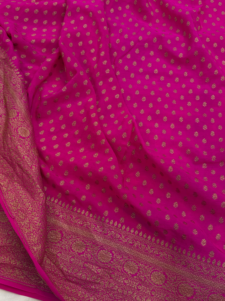 Rani Pink Pure Crepe Silk Handloom Banarasi Saree