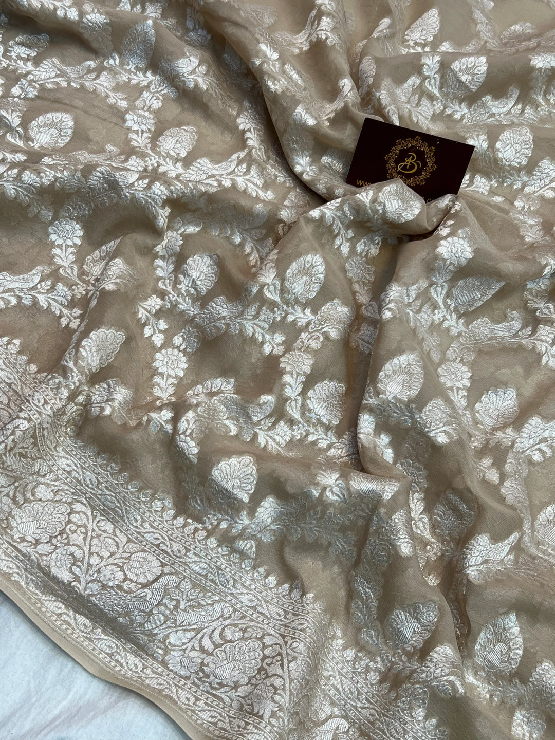 Beige Pure Khaddi Georgette Banarasi Saree with Shikargah Jaal