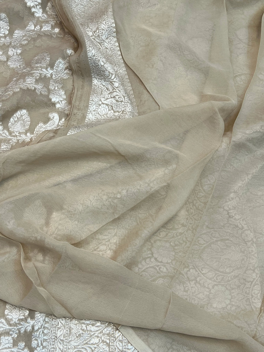 Beige Pure Khaddi Georgette Banarasi Saree with Shikargah Jaal