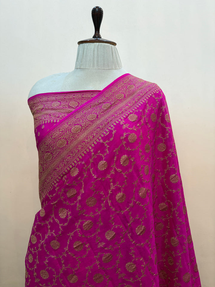 Rani Pink Pure Crepe Silk Handloom Banarasi Saree