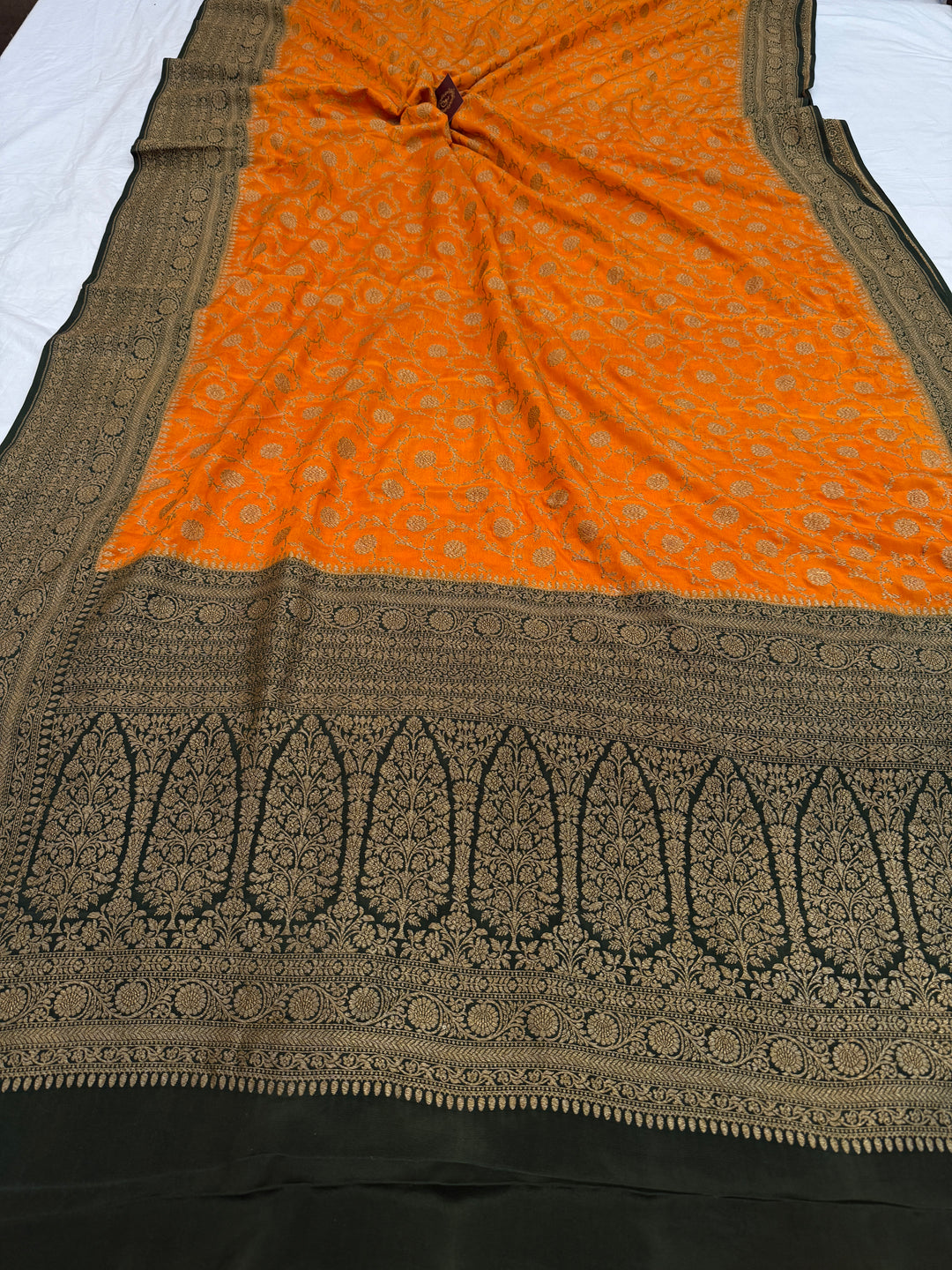 Mustard Yellow Pure Crepe Silk Handloom Banarasi Saree