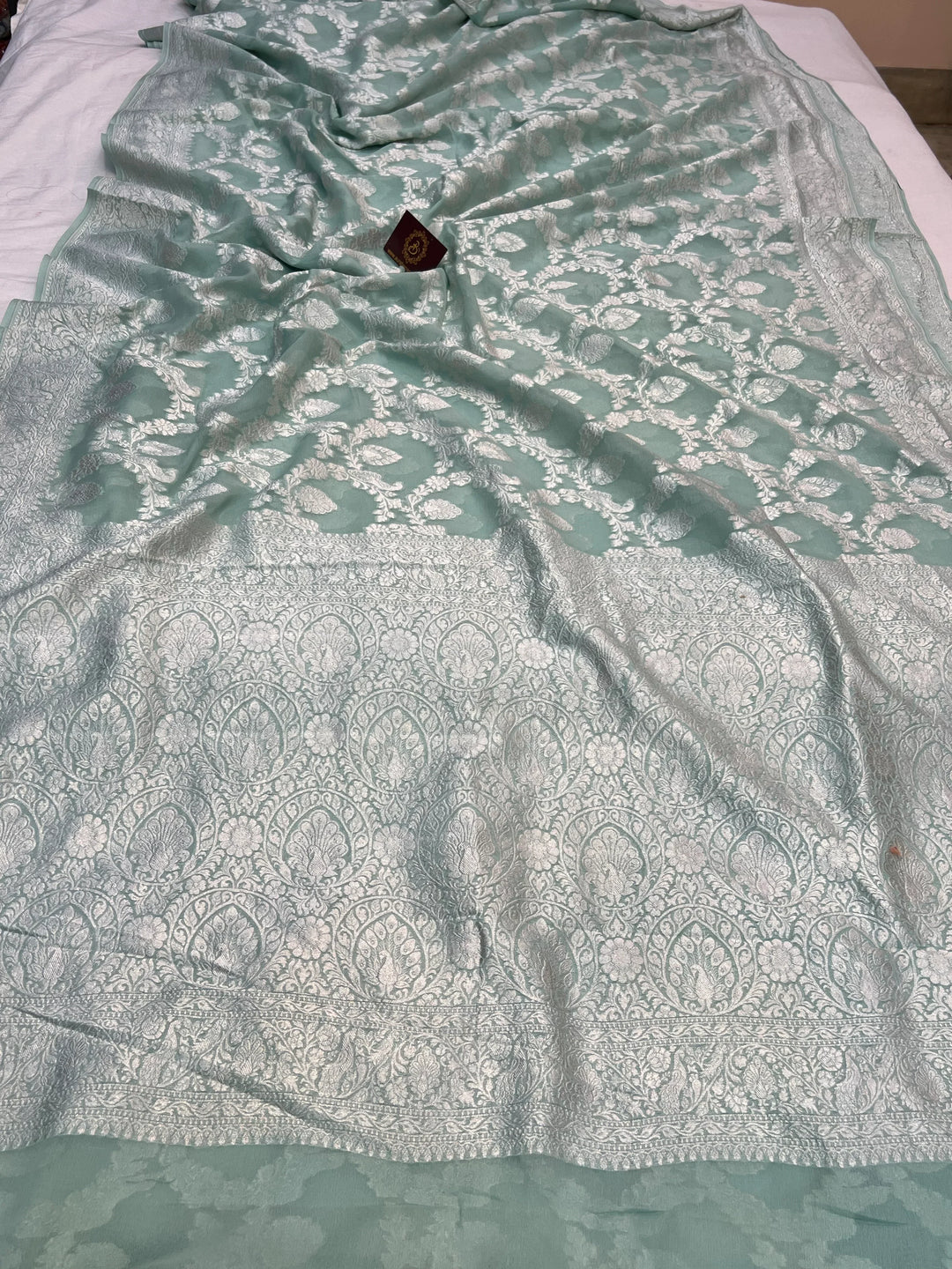 Sage Green Pure Khaddi Georgette Banarasi Saree with Shikargah Jaal