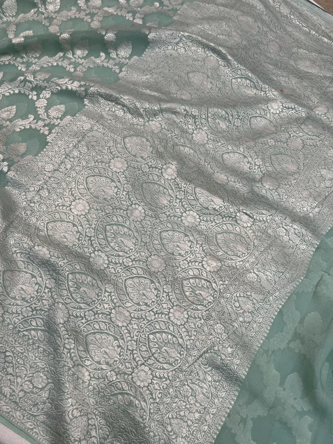Sage Green Pure Khaddi Georgette Banarasi Saree with Shikargah Jaal