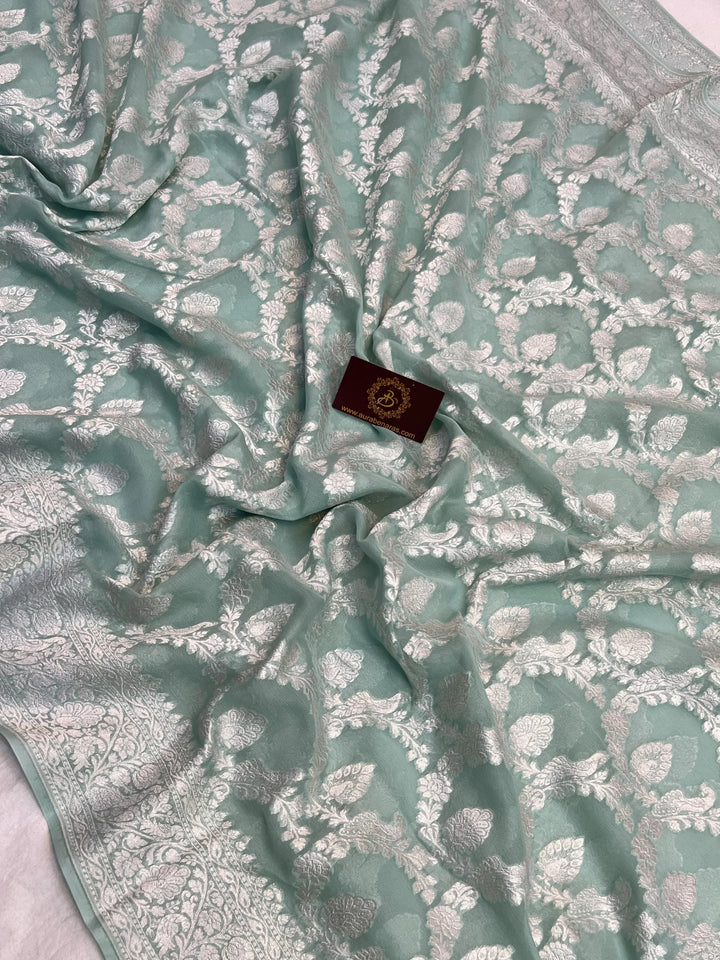 Sage Green Pure Khaddi Georgette Banarasi Saree with Shikargah Jaal