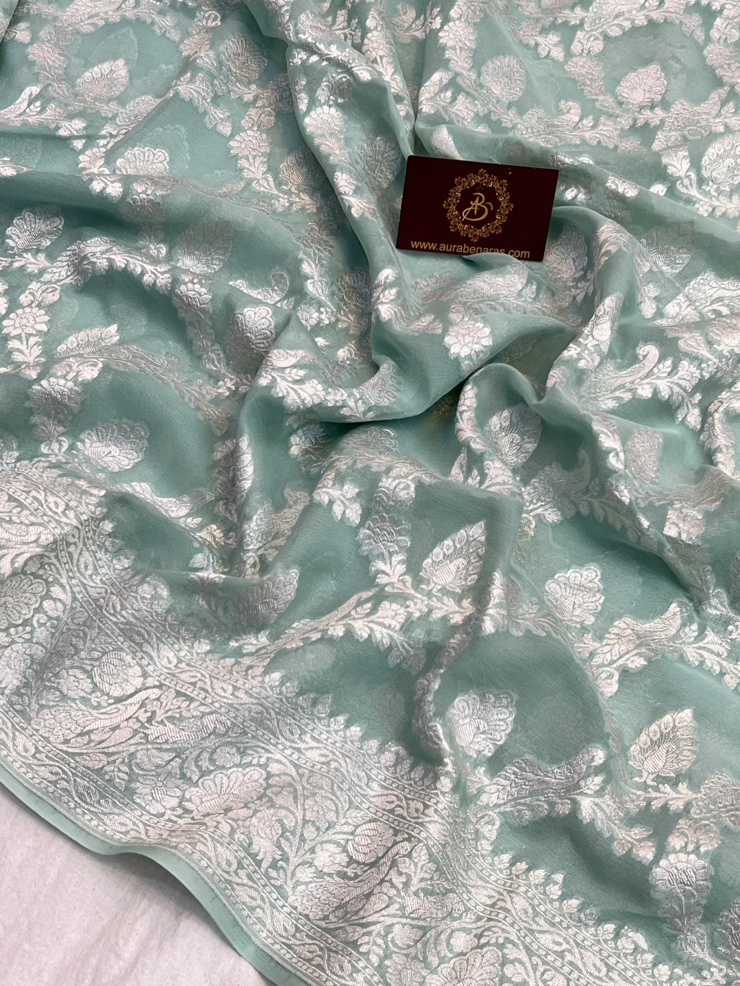 Sage Green Pure Khaddi Georgette Banarasi Saree with Shikargah Jaal