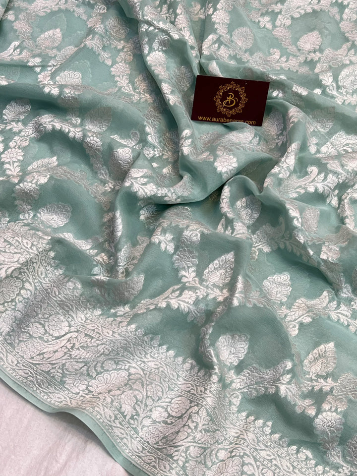 Sage Green Pure Khaddi Georgette Banarasi Saree with Shikargah Jaal