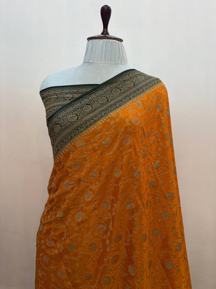 Mustard Yellow Pure Crepe Silk Handloom Banarasi Saree