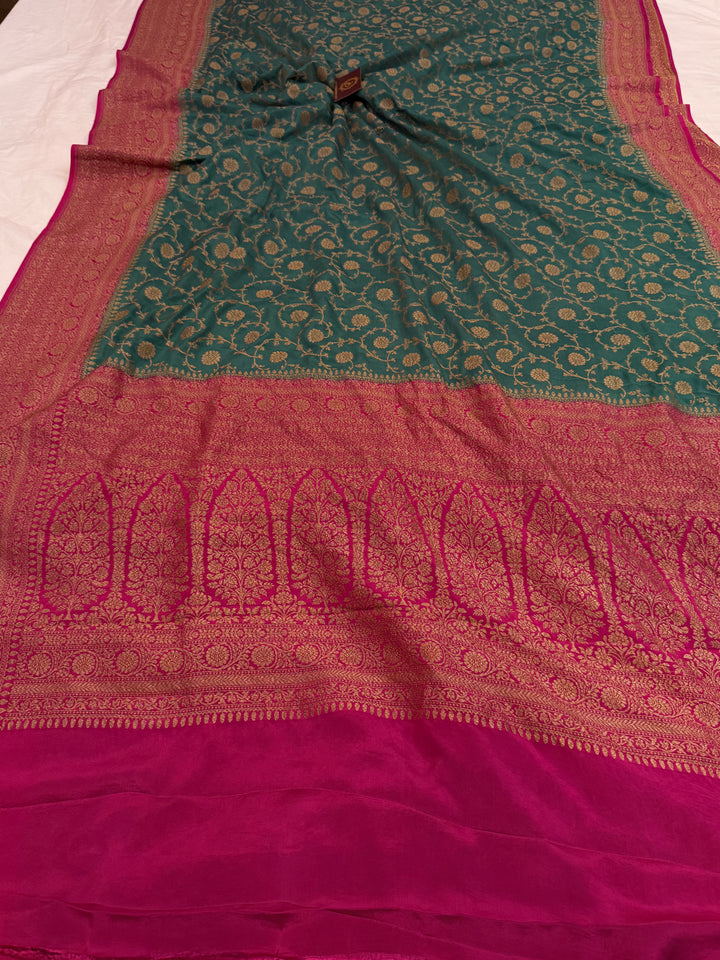 Rama Blue Pure Crepe Silk Handloom Banarasi Saree