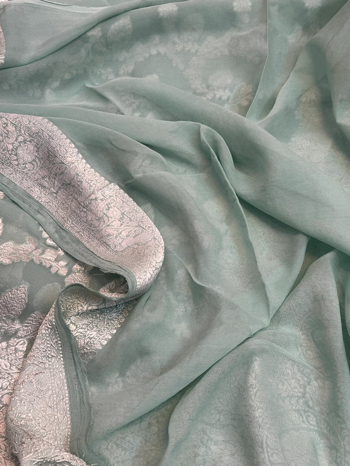 Sage Green Pure Khaddi Georgette Banarasi Saree with Shikargah Jaal